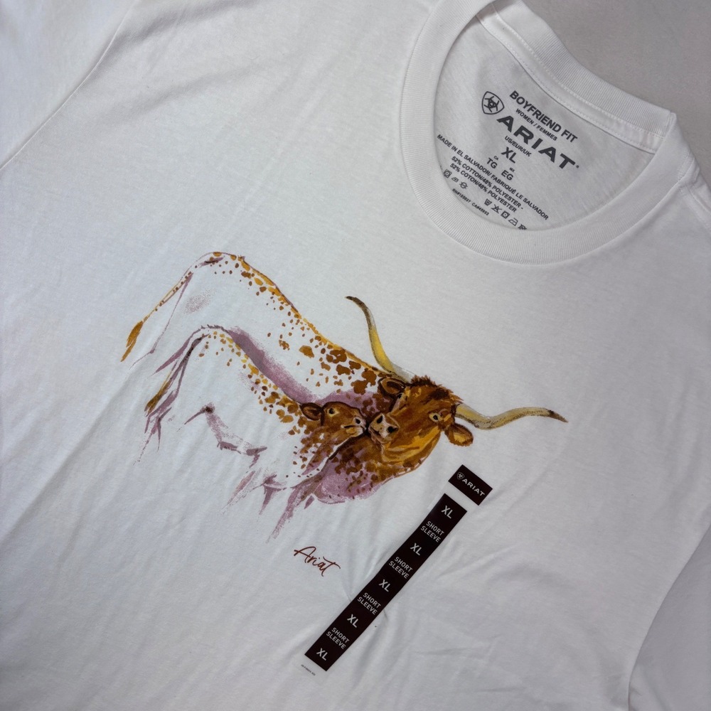 Ariat Women's XL T Shirt New White Short Sleeve Boyfriend Fit Longhorn Cow - Picture 3 of 10